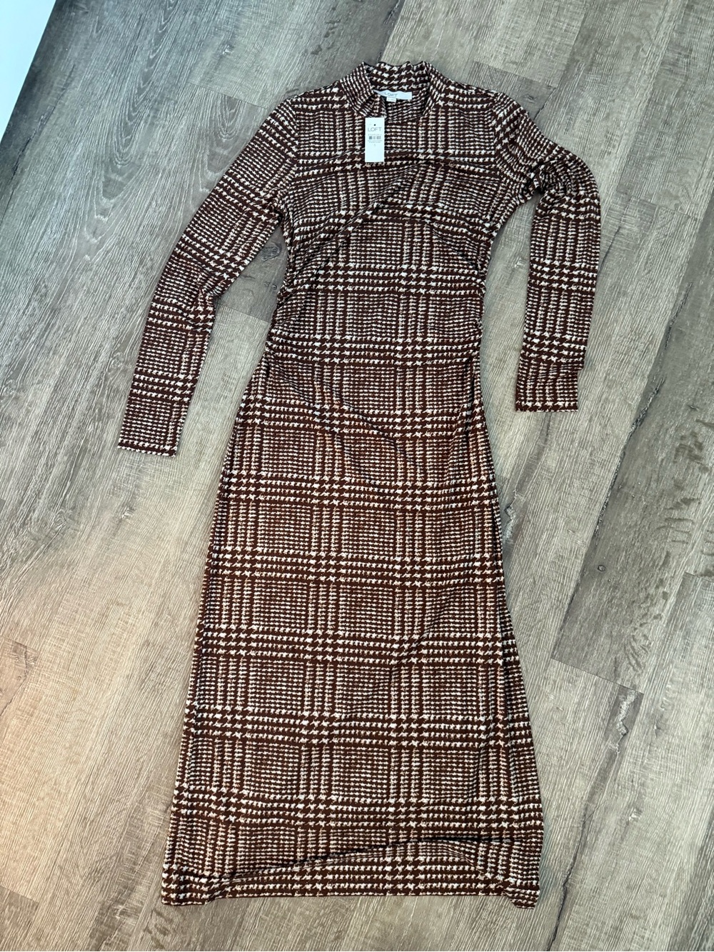 LOFT Houndstooth Mock Neck Maxi Dress Brown Cream Long Sleeve S NWT